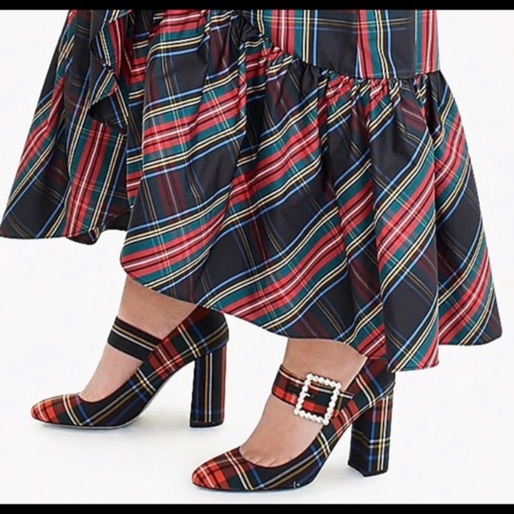 RARE J.Crew Tartan Plaid Mary Jane Heels Rhinestone Buckle Size 7